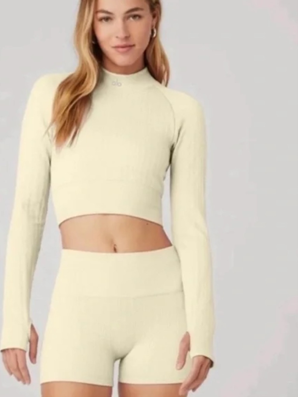 Alo Yoga Cropped Buttercup Yellow Rib-Knit Mock Neck Top, Size XS, EUC
